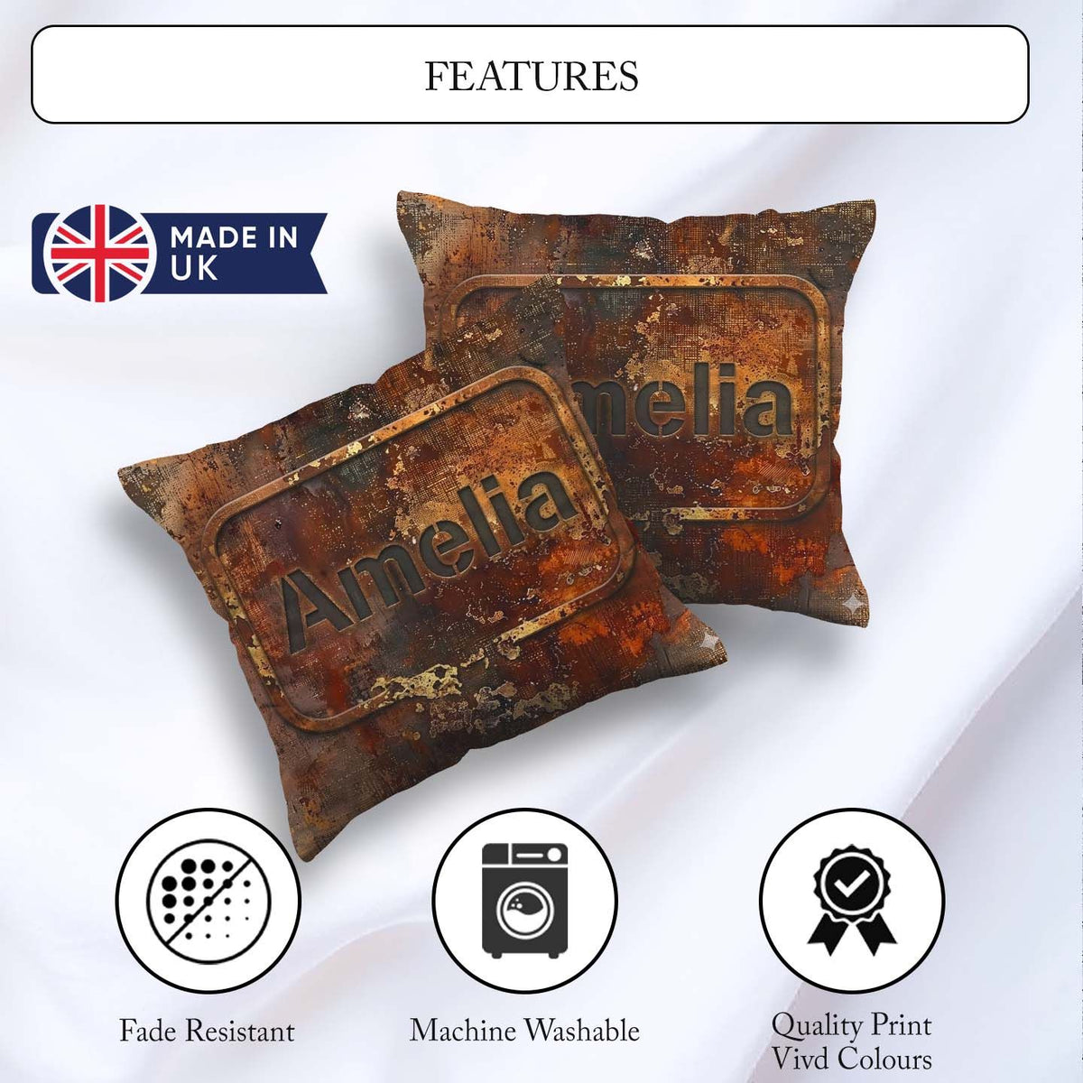 Custom Name Urban Rust Texture with Gold Flecks Grunge Seamless Square Filled Cushion Throw Pillow Sofa Bed Home Decor Zip Washable UK Made