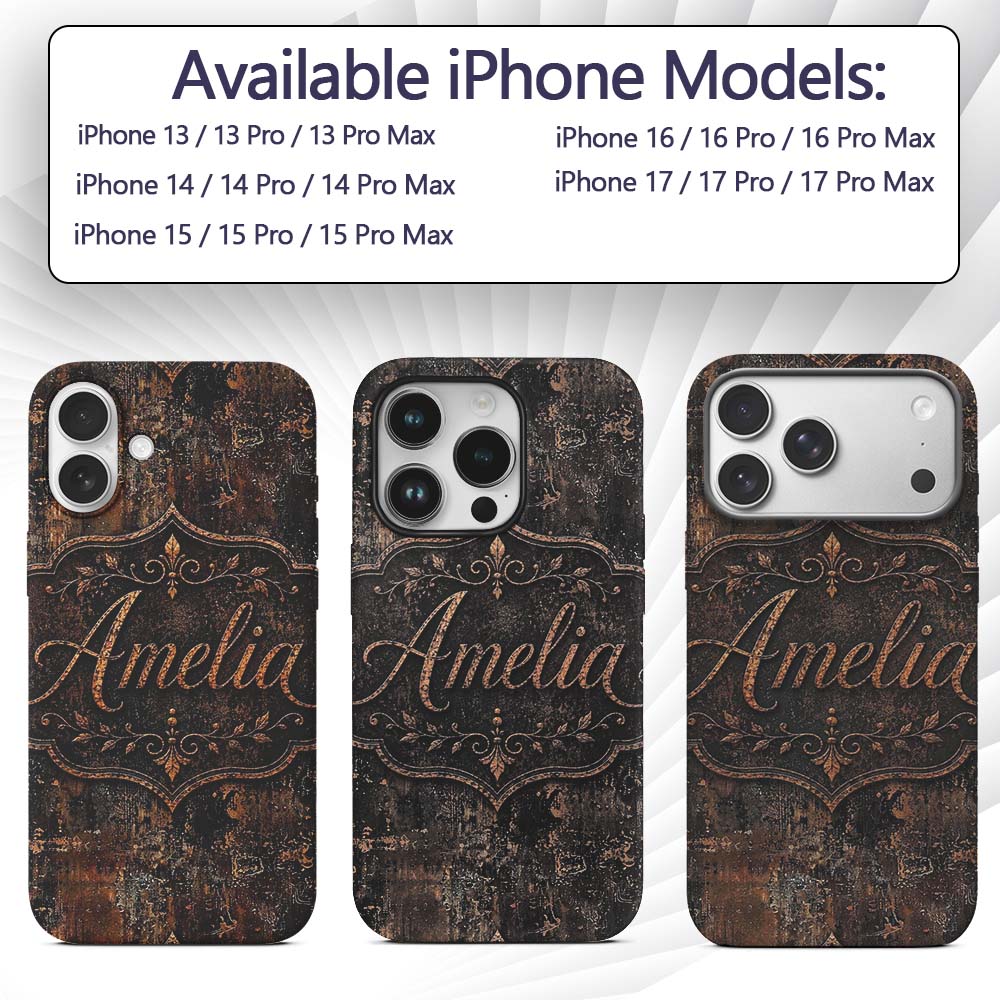 Vintage Metal Rust Patina Texture Dark Industrial Custom Name Protective Phone Case Mobile Cover Durable Everyday Smartphone Shock Resistant