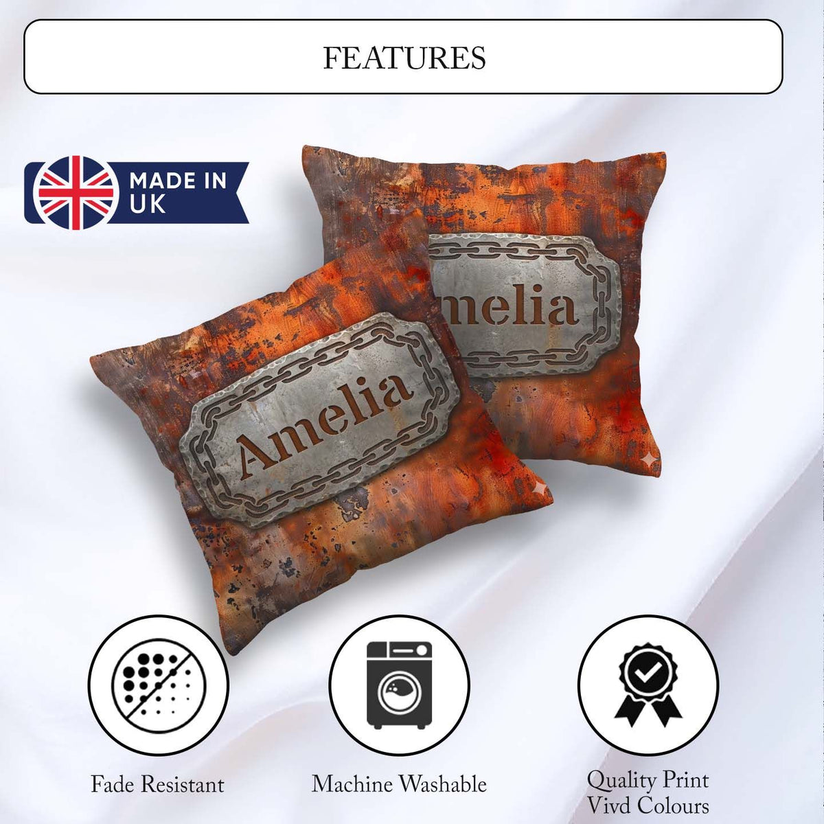 Custom Name Weathered Rust Surface Crack Detail Seamless Pattern Square Filled Cushion Throw Pillow Sofa Bed Home Decor Zip Washable UK Made