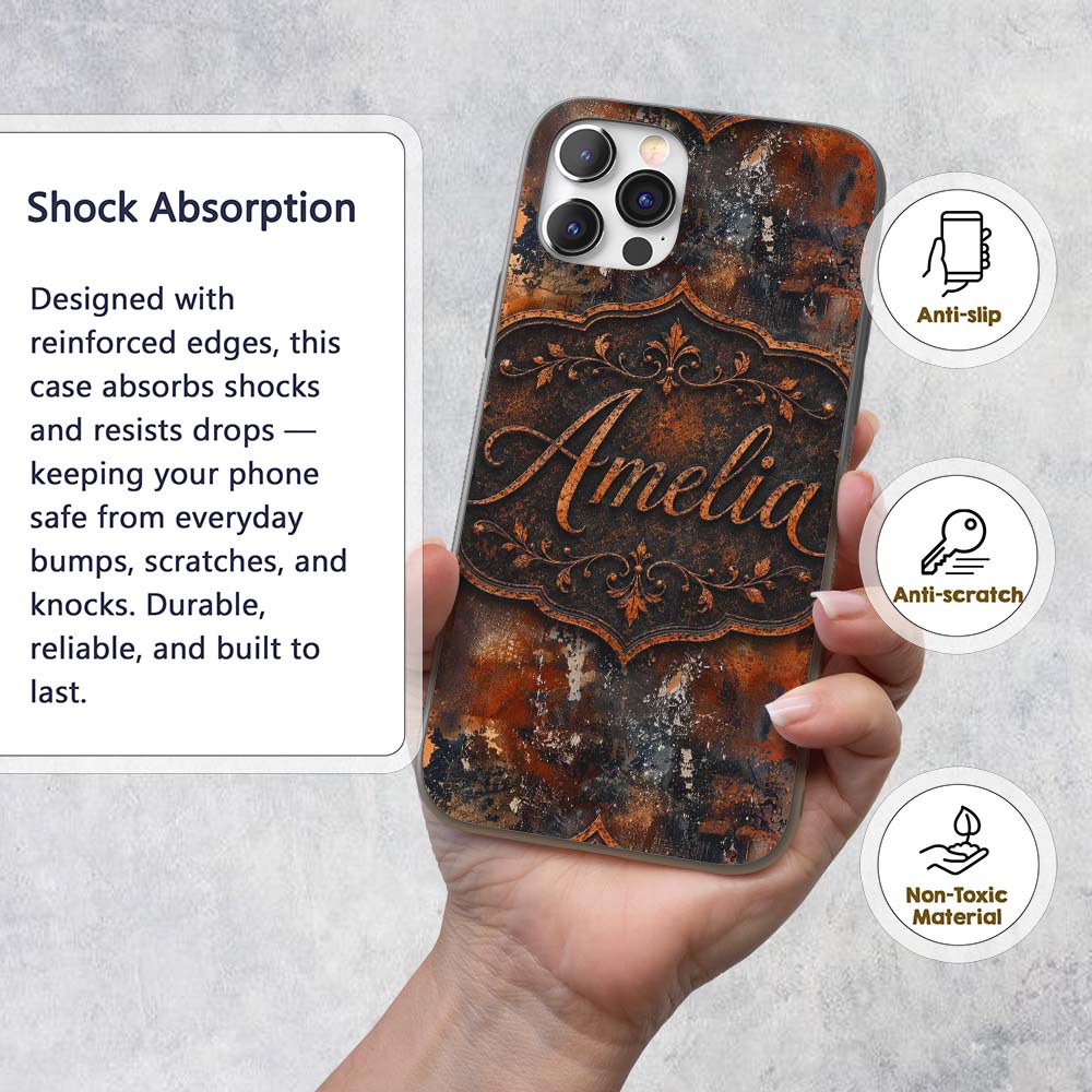 Burnt Orange Rust Abstract Texture Industrial Custom Name Protective Phone Case Mobile Cover Durable Everyday Smartphone Shock Resistant