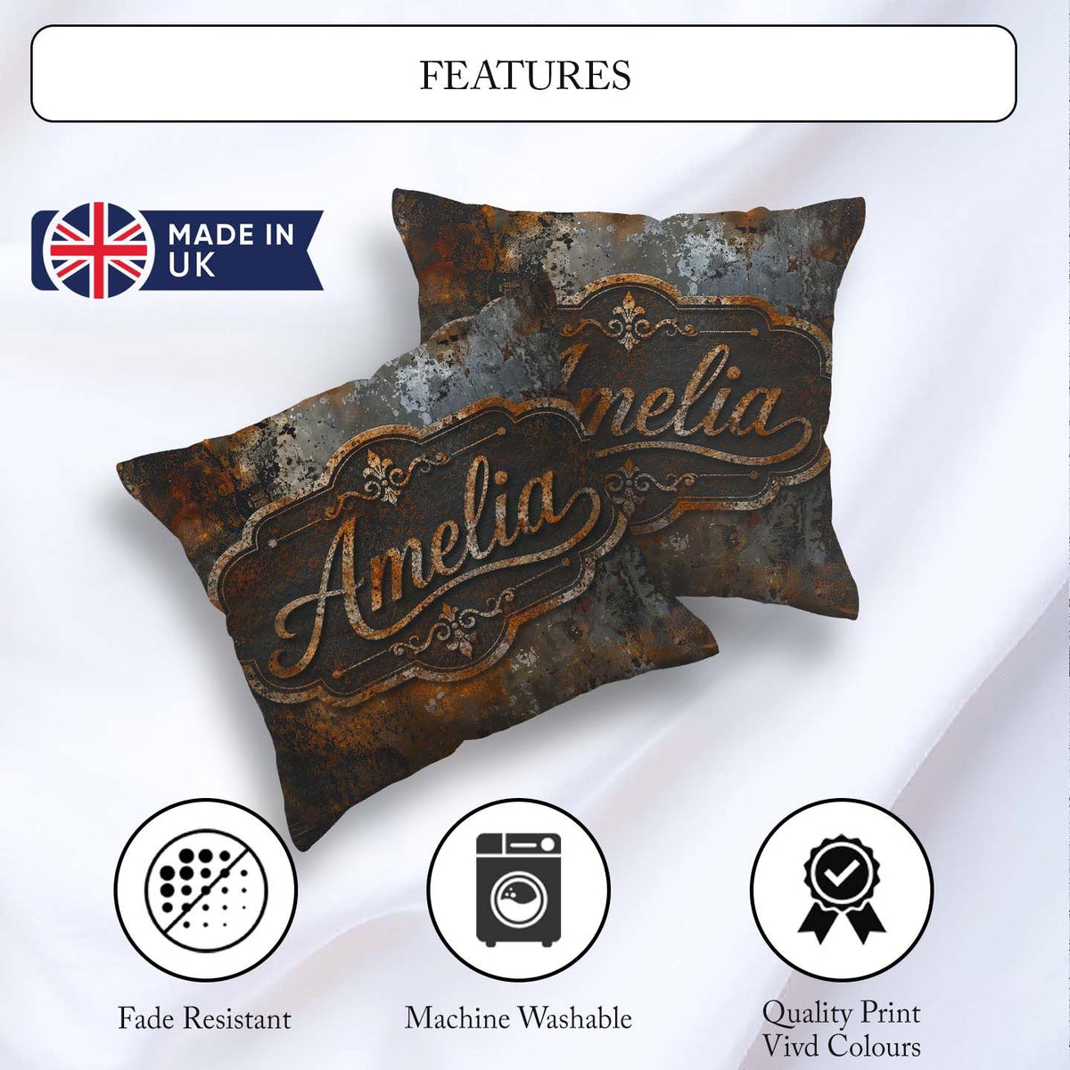 Custom Name Blue Grey Rust Oxidation Texture Industrial Seamless Square Filled Cushion Throw Pillow Sofa Bed Home Decor Zip Washable UK Made