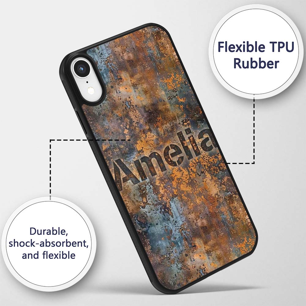 Distressed Metal Rust Pattern with Gold Accents Custom Name Protective Phone Case Mobile Cover Durable Everyday Smartphone Shock Resistant