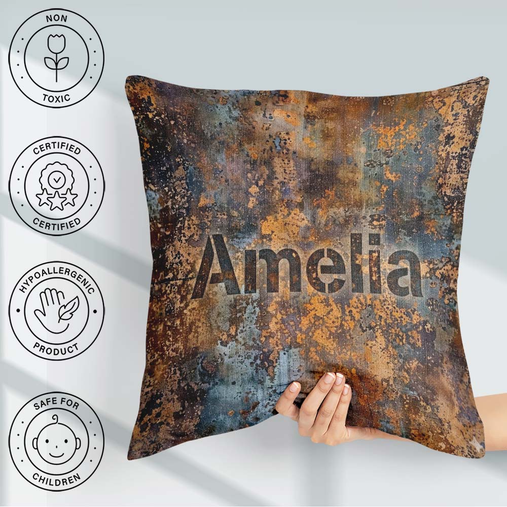 Custom Name Metal Rust Pattern with Gold Accents Seamless Grunge Square Filled Cushion Throw Pillow Sofa Bed Home Decor Zip Washable UK Made