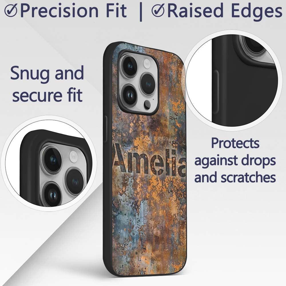 Distressed Metal Rust Pattern with Gold Accents Custom Name Protective Phone Case Mobile Cover Durable Everyday Smartphone Shock Resistant