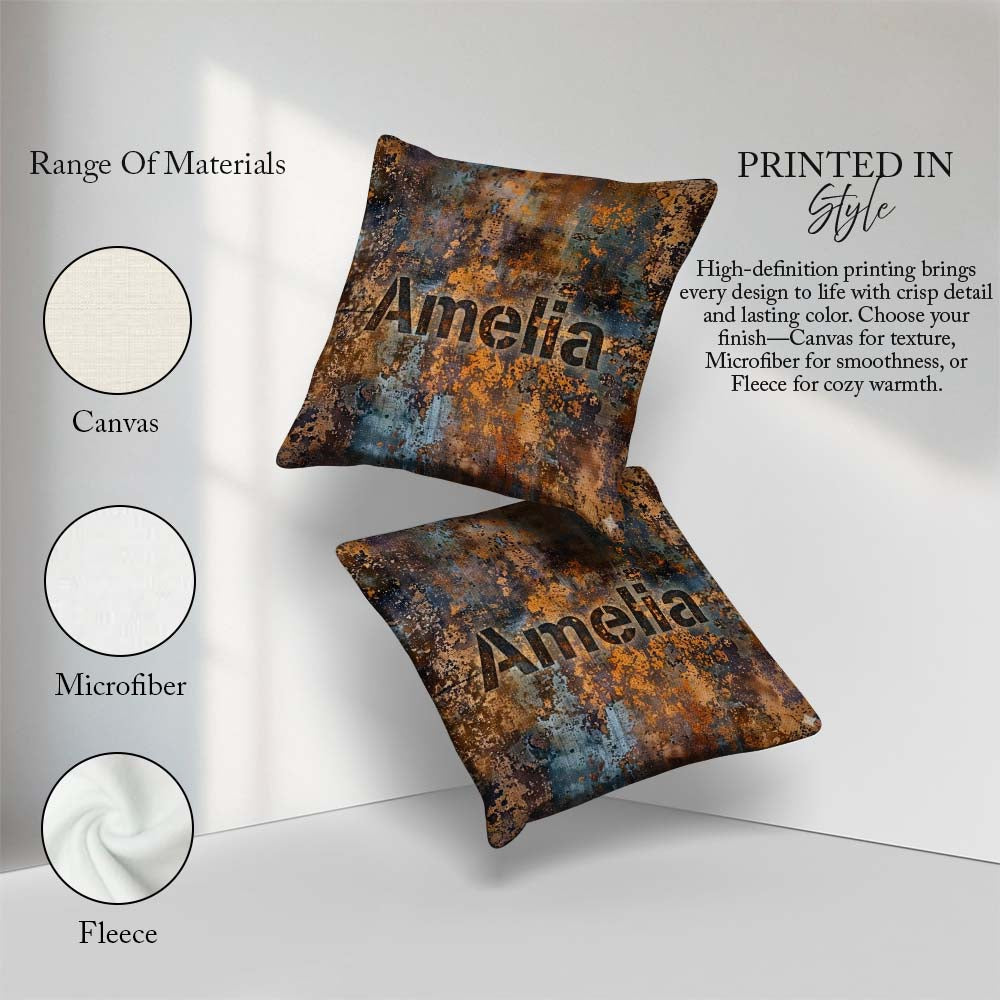 Custom Name Metal Rust Pattern with Gold Accents Seamless Grunge Square Filled Cushion Throw Pillow Sofa Bed Home Decor Zip Washable UK Made