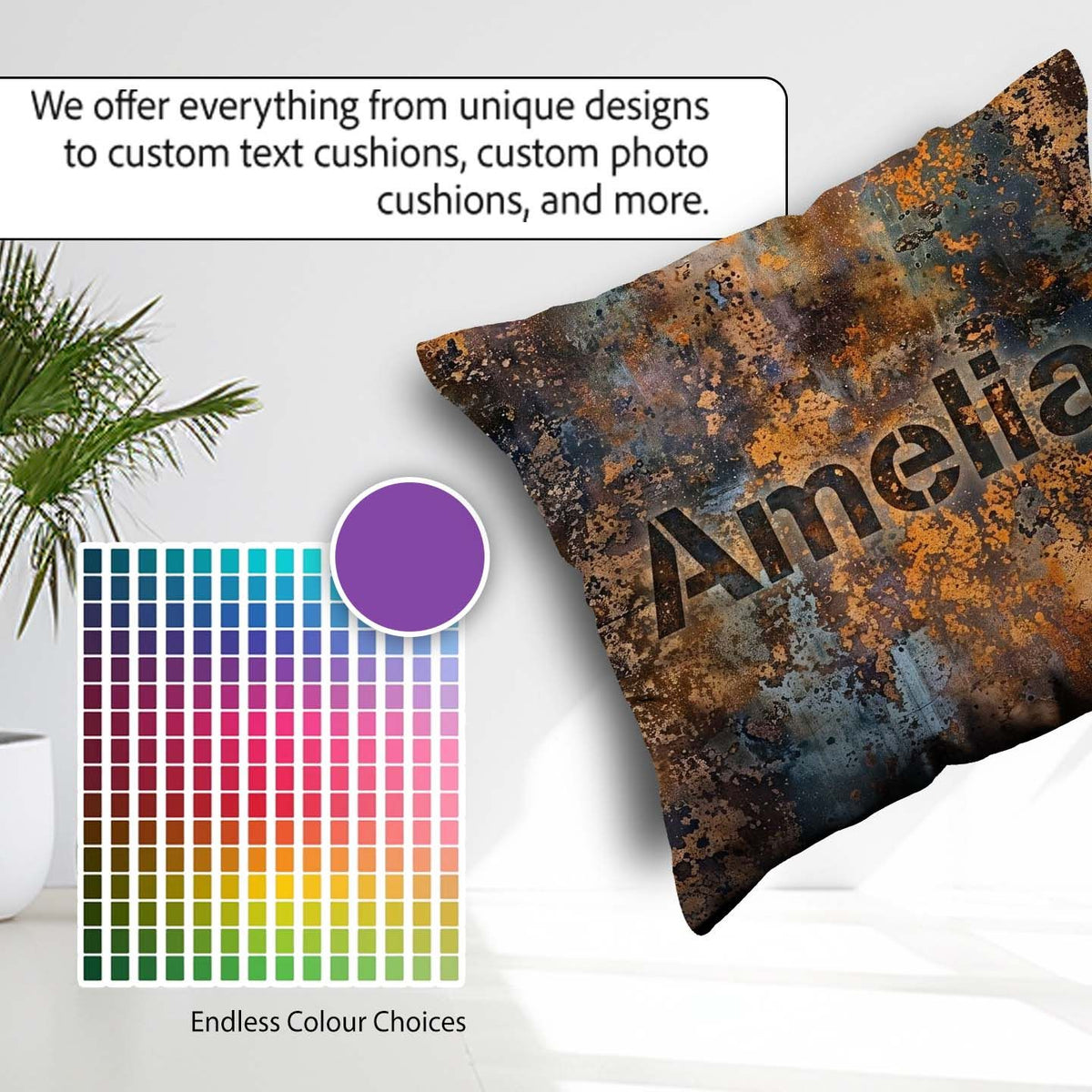 Custom Name Metal Rust Pattern with Gold Accents Seamless Grunge Square Filled Cushion Throw Pillow Sofa Bed Home Decor Zip Washable UK Made