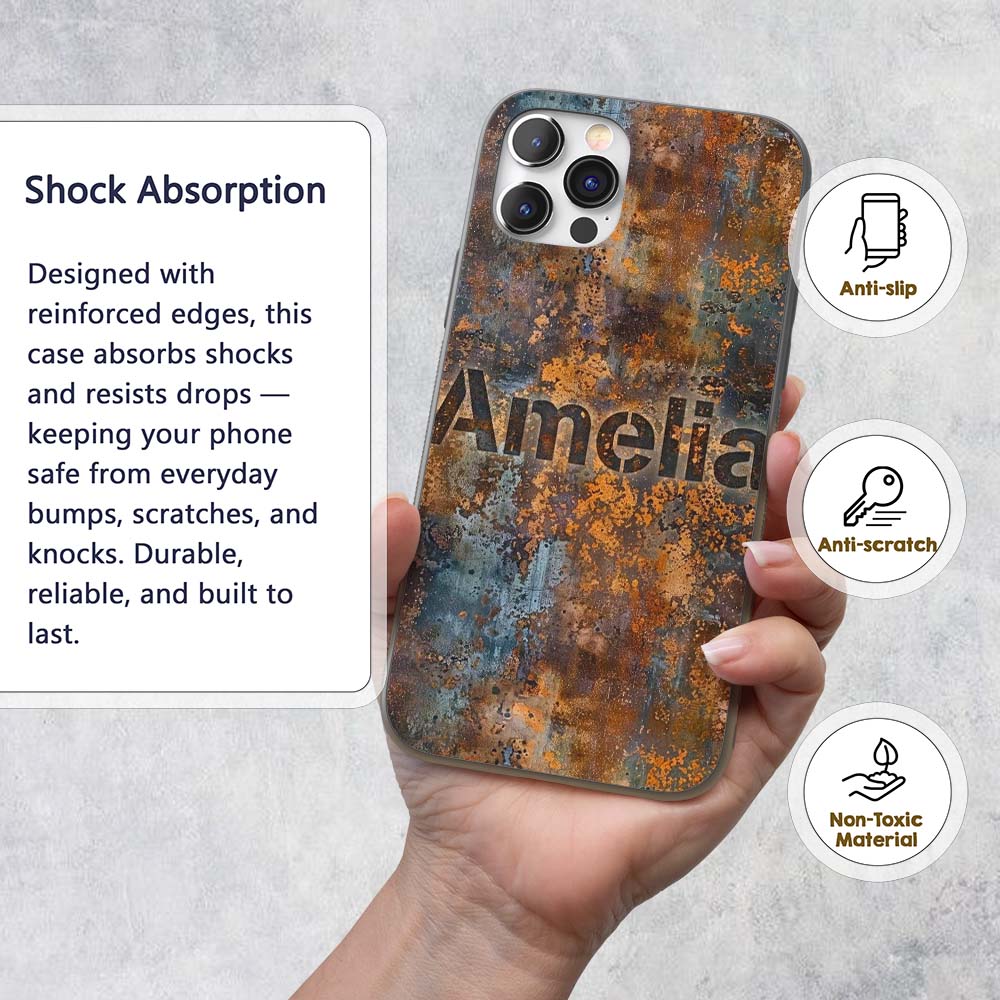 Distressed Metal Rust Pattern with Gold Accents Custom Name Protective Phone Case Mobile Cover Durable Everyday Smartphone Shock Resistant
