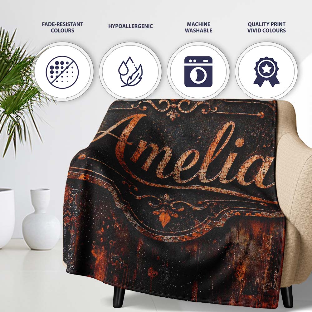 Layered Rust Patina Texture Mixed Media Grunge Seamless Pattern Personalised Custom Name Super Soft Fleece Blanket Bed Sofa Throw