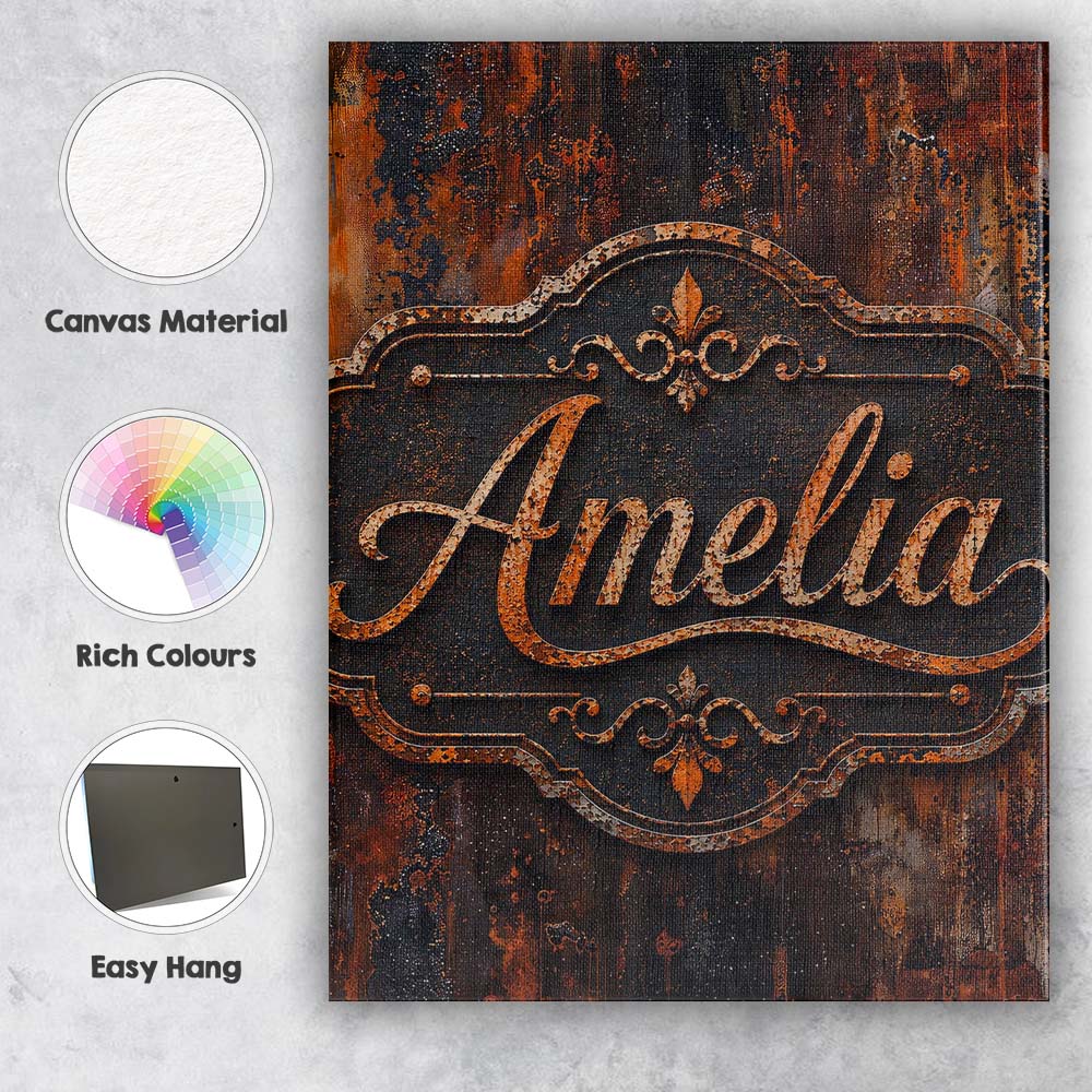 Personalised Name Layered Rust Patina Custom Modern Room Accent Creative Decorator Style Canvas Wall Art Print Decor Picture Ready to Hang