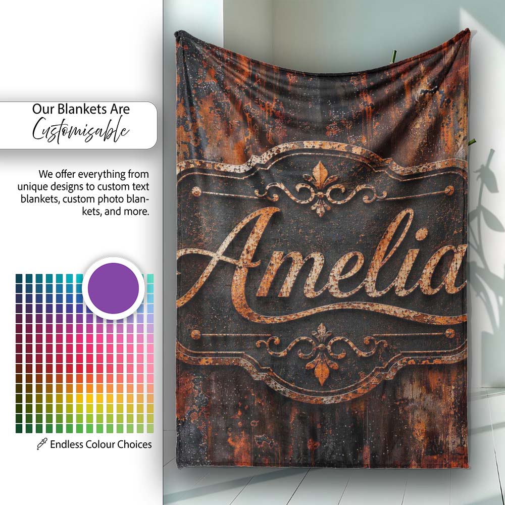 Layered Rust Patina Texture Mixed Media Grunge Seamless Pattern Personalised Custom Name Super Soft Fleece Blanket Bed Sofa Throw