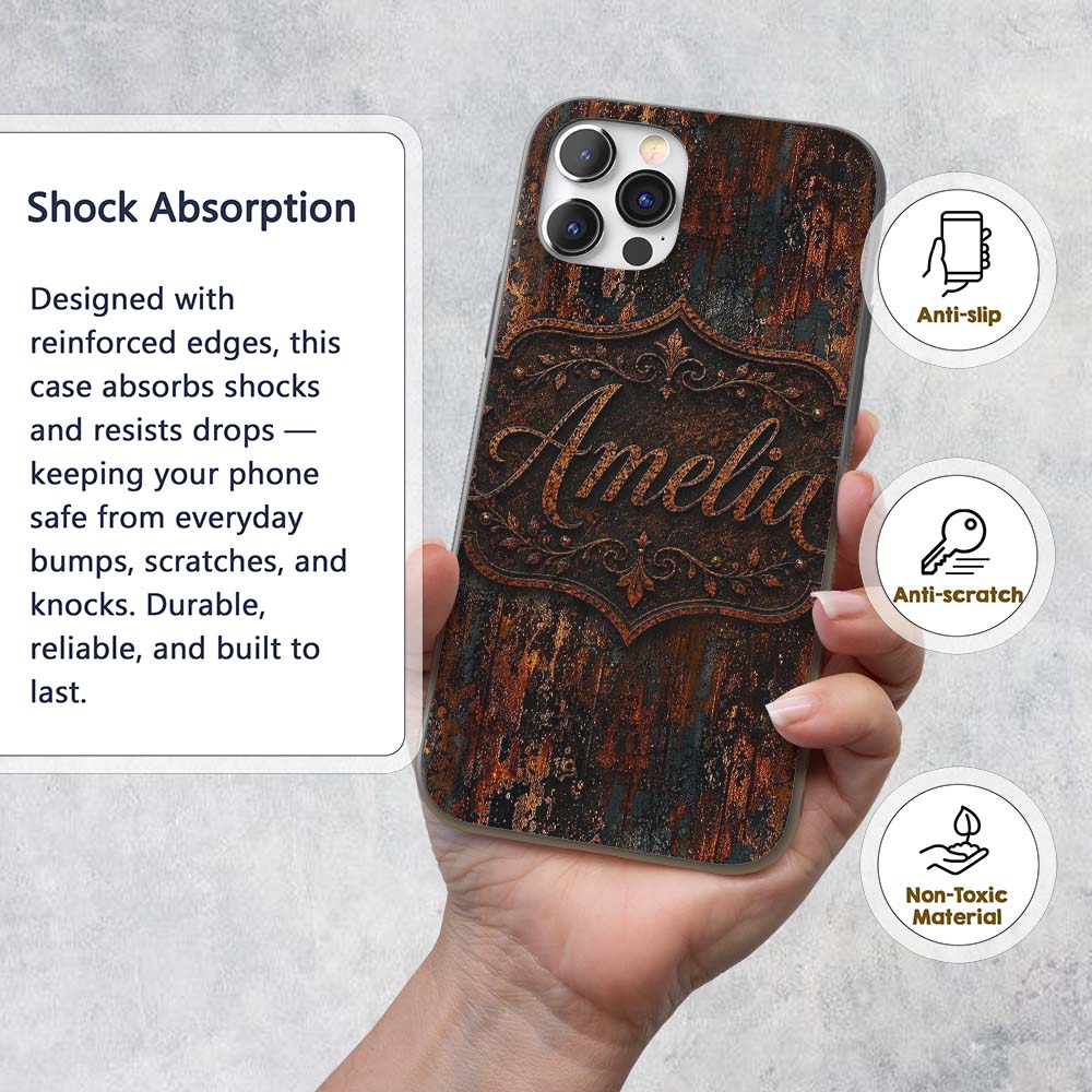 Rust and Gold Splatter Texture Dark Metallic Custom Name Protective Phone Case Mobile Cover Durable Everyday Smartphone Shock Resistant