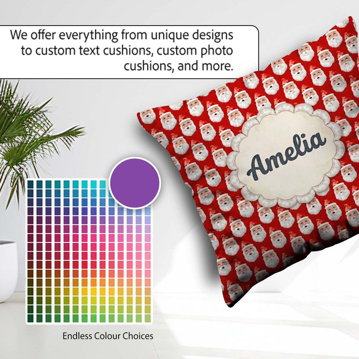 Custom Name Christmas Santa Seamless Pattern Red Festive Holiday Square Filled Cushion Throw Pillow Sofa Bed Home Decor Zip Washable UK Made