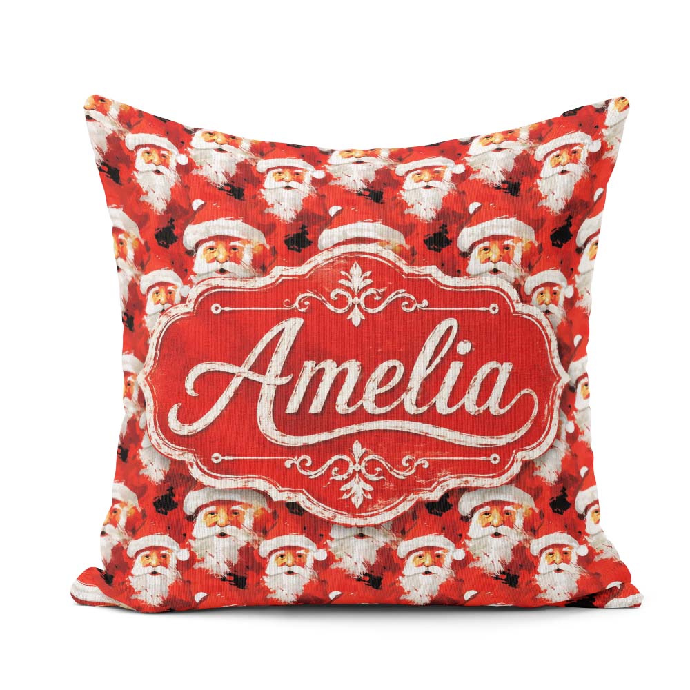 Custom Name Painterly Santa Faces Red Abstract Christmas Festive Square Filled Cushion Throw Pillow Sofa Bed Home Decor Zip Washable UK Made