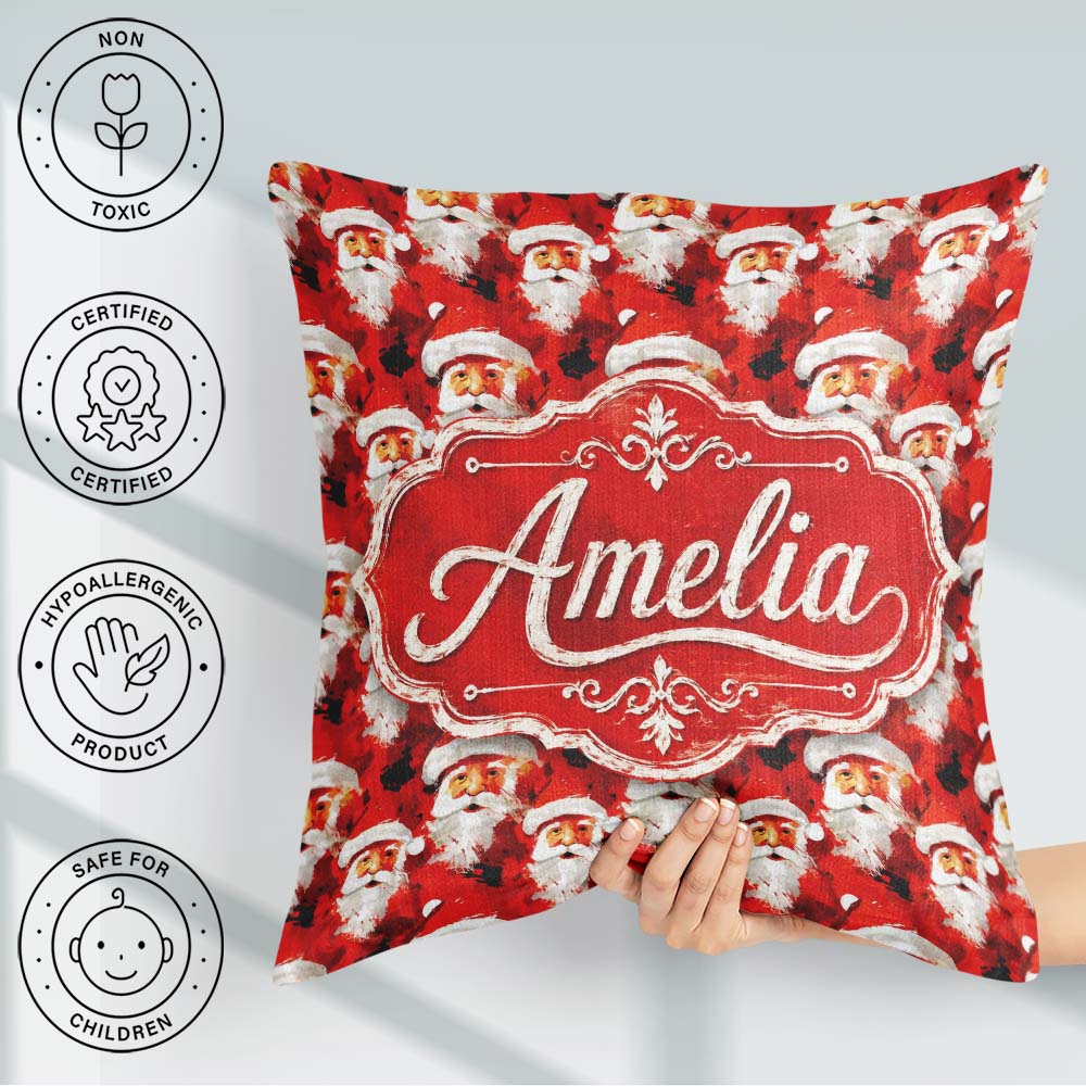 Custom Name Painterly Santa Faces Red Abstract Christmas Festive Square Filled Cushion Throw Pillow Sofa Bed Home Decor Zip Washable UK Made