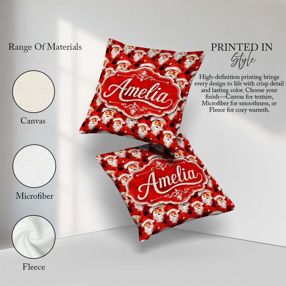 Custom Name Painterly Santa Faces Red Abstract Christmas Festive Square Filled Cushion Throw Pillow Sofa Bed Home Decor Zip Washable UK Made