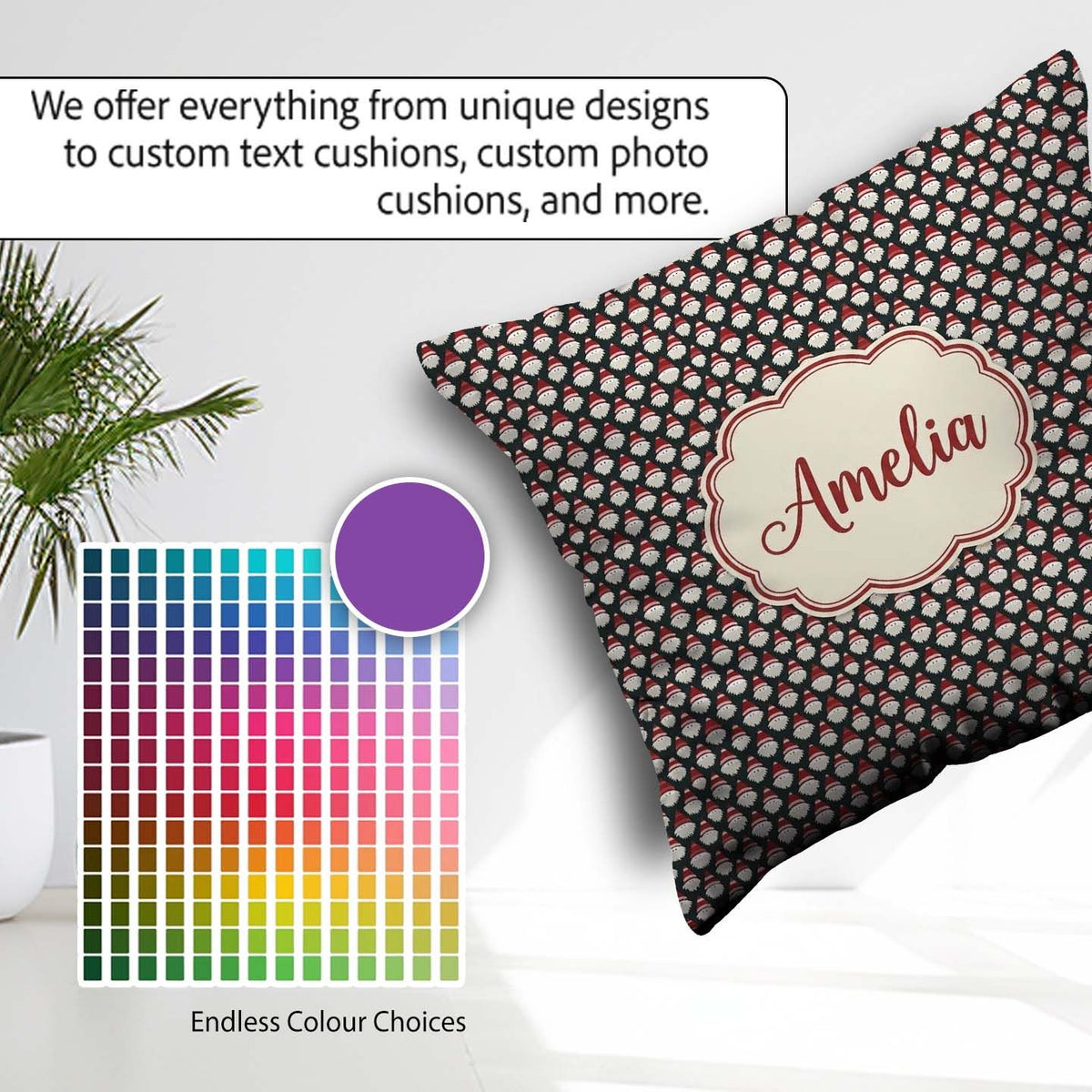 Custom Name Minimal Santa Hat Beard Repeat Dark Christmas Lovely Square Filled Cushion Throw Pillow Sofa Bed Home Decor Zip Washable UK Made