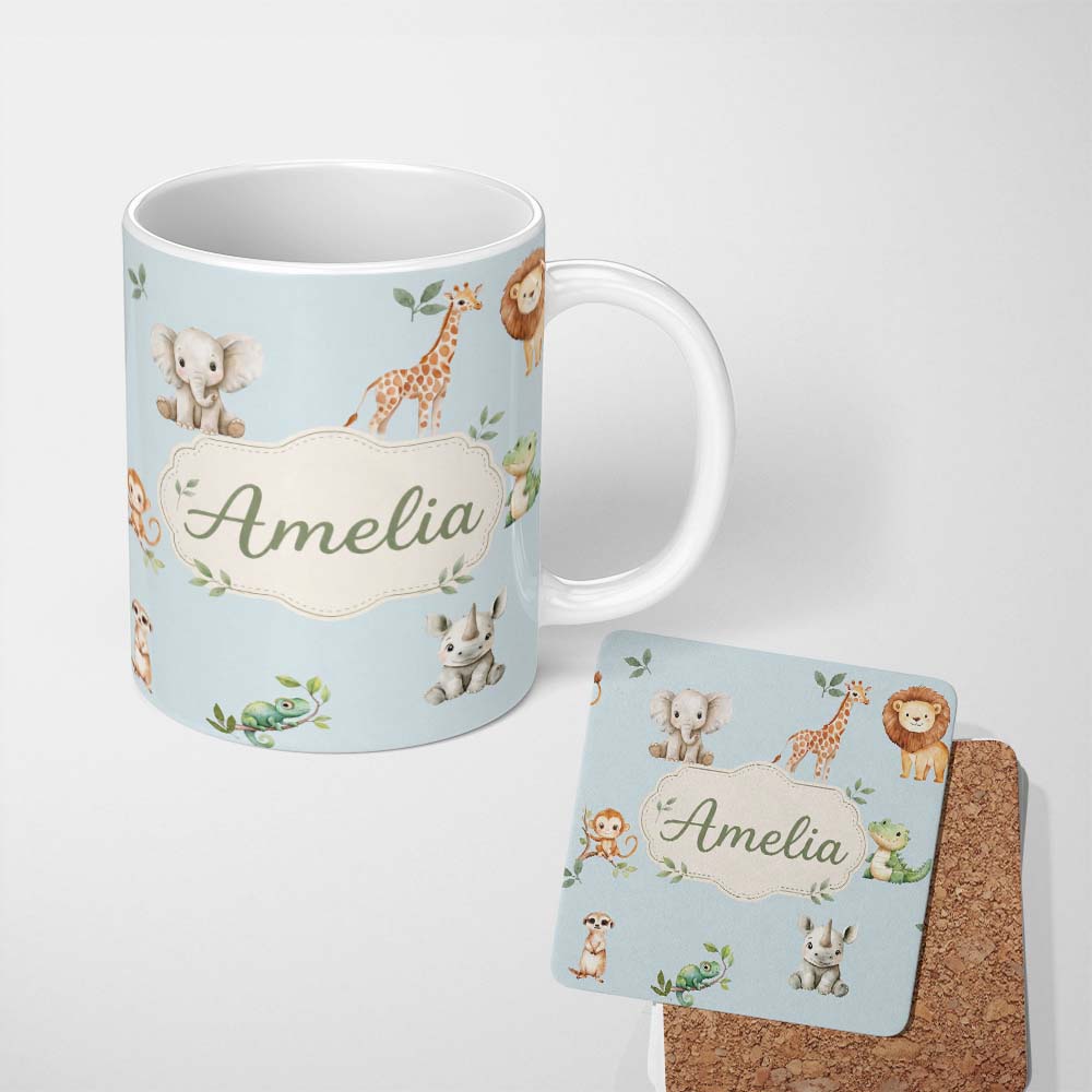 Personalized Custom Name Safari Animals with Elephant Lion and Crocodile on Soft Blue Lovely 11oz Ceramic Coffee Tea Mug White Large Handle