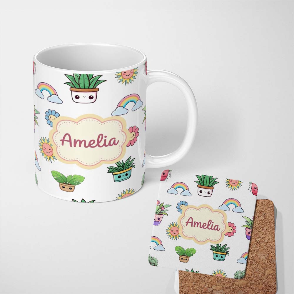 Personalized Custom Name Cute Kawaii Rainbow Sun Flowers Plant Pots Seamless Pattern Grey 11oz Ceramic Coffee Tea Mug White Large Handle