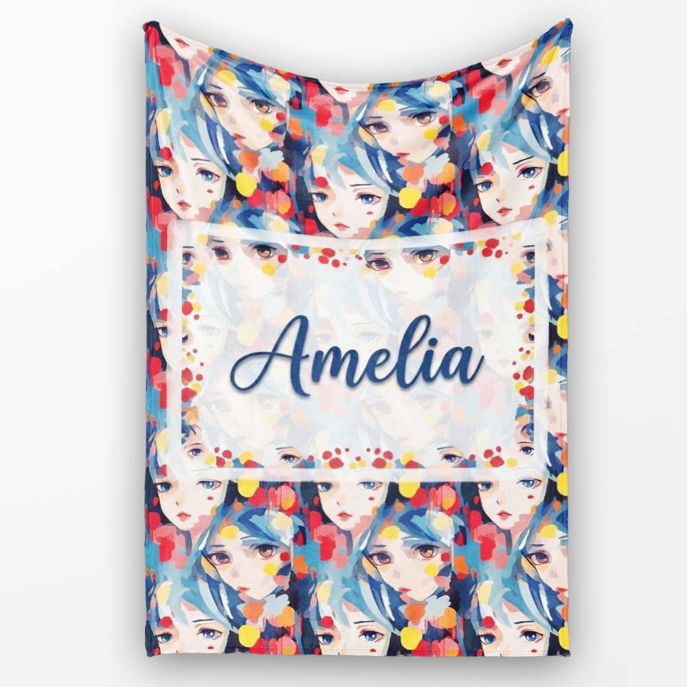 Anime Girl Blue Hair Paint Splash Artistic Pattern Cute Unique Gift Personalised Custom Name Super Soft Fleece Blanket Bed Sofa Throw