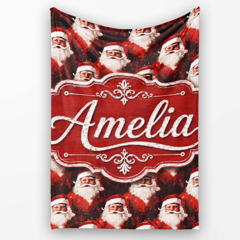 Dramatic Santa Portrait Red Splatter Background Christmas Design Personalised Custom Name Super Soft Fleece Blanket Bed Sofa Throw