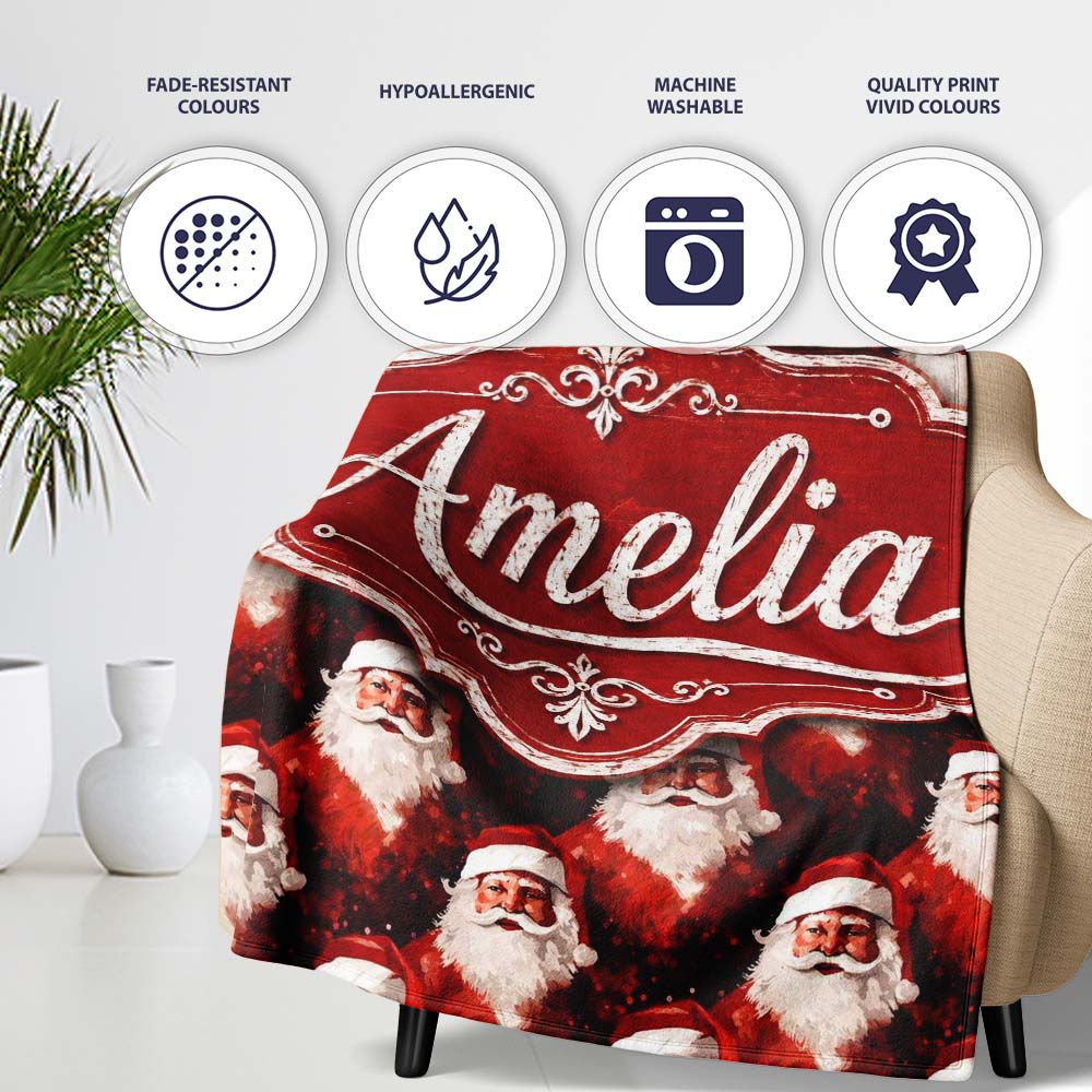 Dramatic Santa Portrait Red Splatter Background Christmas Design Personalised Custom Name Super Soft Fleece Blanket Bed Sofa Throw