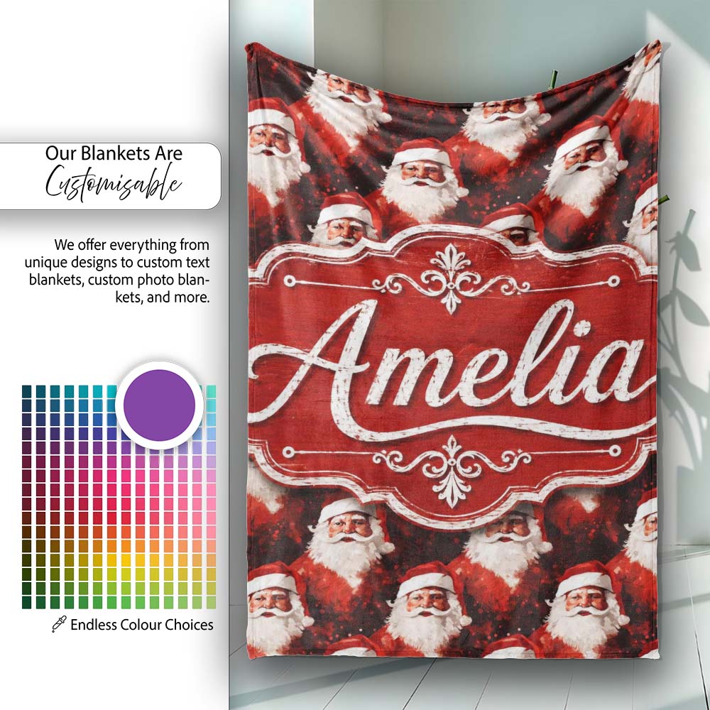 Dramatic Santa Portrait Red Splatter Background Christmas Design Personalised Custom Name Super Soft Fleece Blanket Bed Sofa Throw