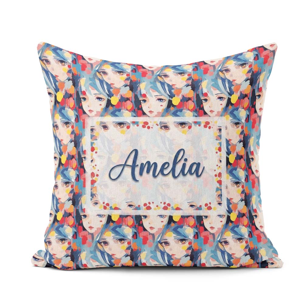Custom Name Anime Girl Blue Hair Paint Splash Artistic Pattern Square Filled Cushion Throw Pillow Sofa Bed Home Decor Zip Washable UK Made