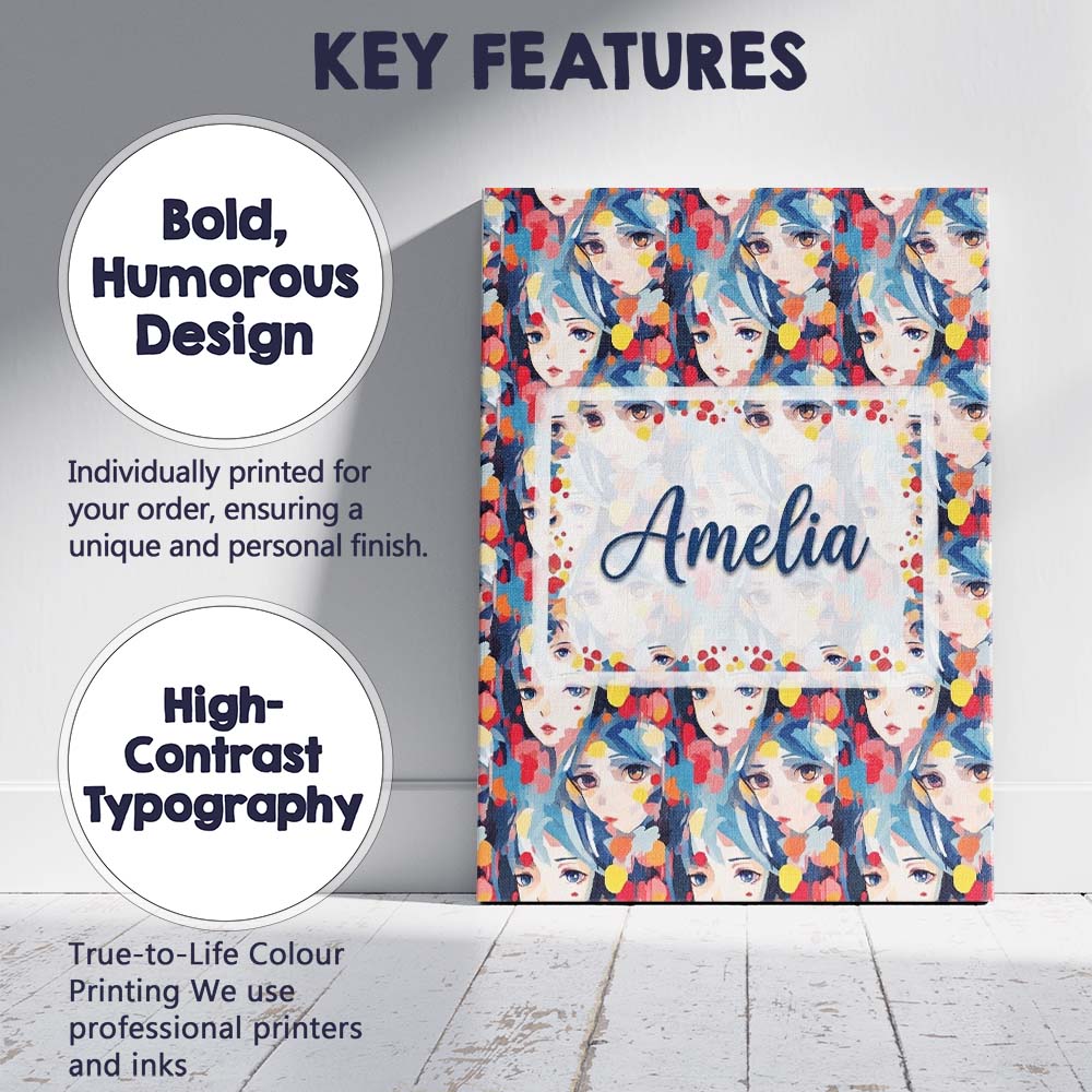 Personalised Name Anime Girl Blue Hair Paint Splash Artistic Pattern Custom Home Canvas Wall Art Print Decor Picture Ready to Hang