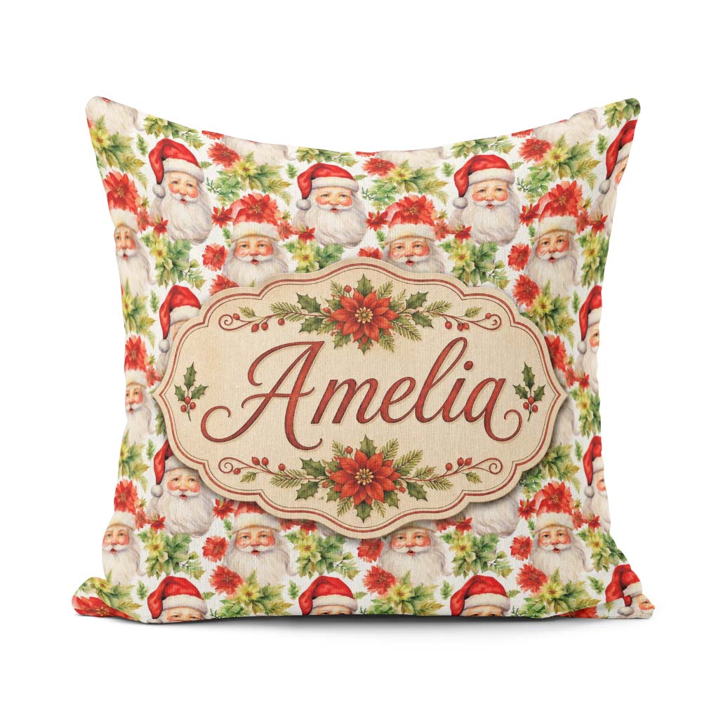 Custom Name Watercolor Poinsettia Flowers Christmas Soft Festive Square Filled Cushion Throw Pillow Sofa Bed Home Decor Zip Washable UK Made