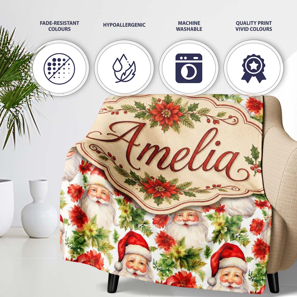 Watercolor Santa Faces Poinsettia Flowers Christmas Soft Festive Personalised Custom Name Super Soft Fleece Blanket Bed Sofa Throw