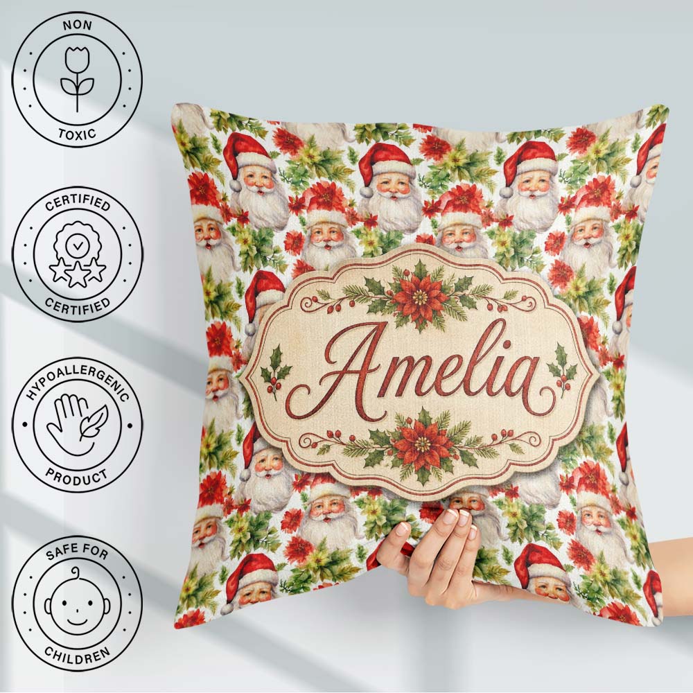 Custom Name Watercolor Poinsettia Flowers Christmas Soft Festive Square Filled Cushion Throw Pillow Sofa Bed Home Decor Zip Washable UK Made