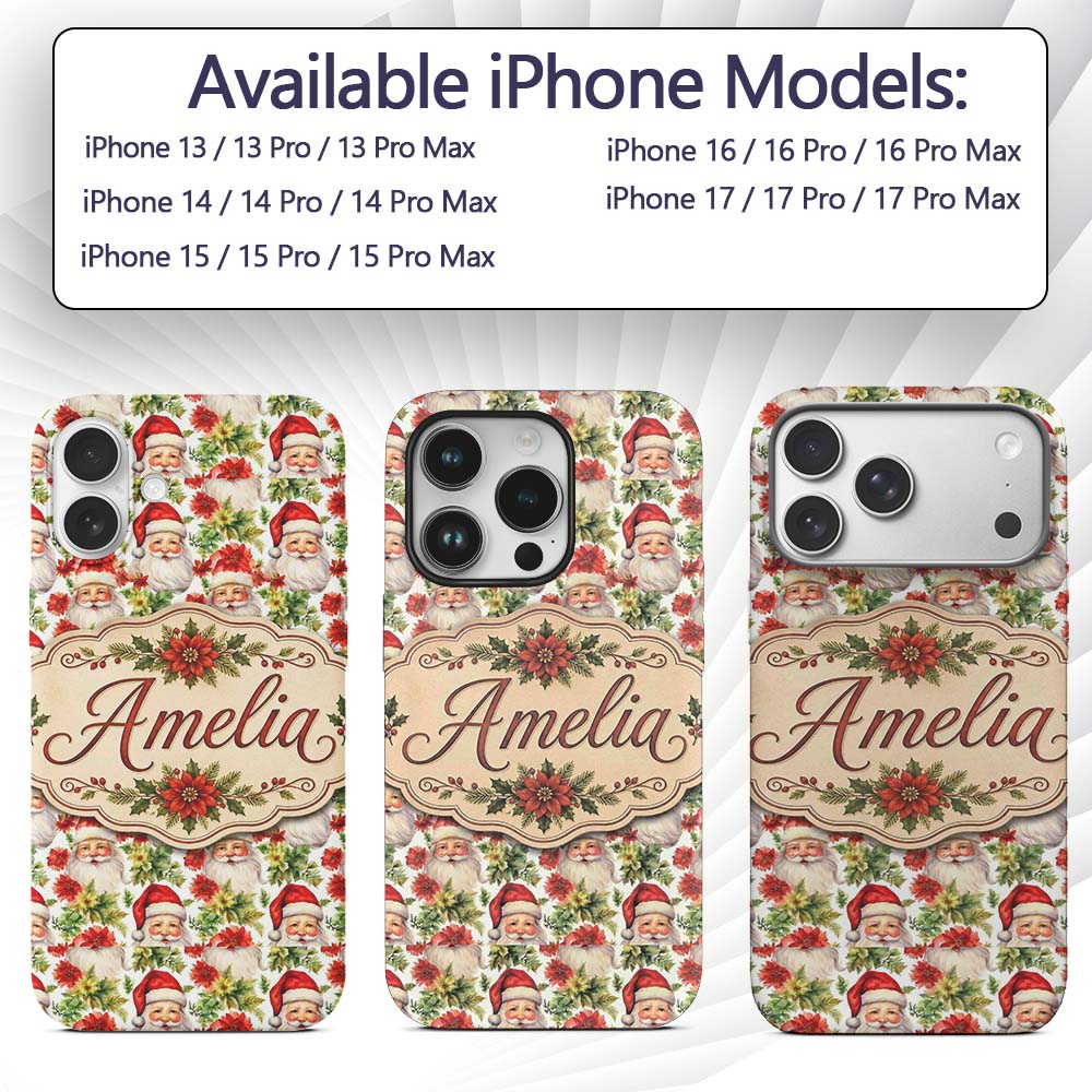 Watercolor Santa Faces Poinsettia Printed Design Custom Name Protective Phone Case Mobile Cover Durable Everyday Smartphone Shock Resistant
