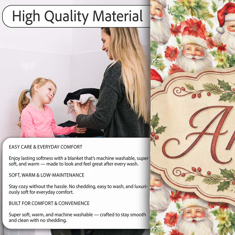 Watercolor Santa Faces Poinsettia Flowers Christmas Soft Festive Personalised Custom Name Super Soft Fleece Blanket Bed Sofa Throw