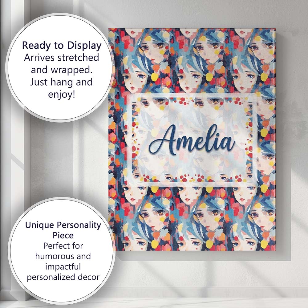 Personalised Name Anime Girl Blue Hair Paint Splash Artistic Pattern Custom Home Canvas Wall Art Print Decor Picture Ready to Hang