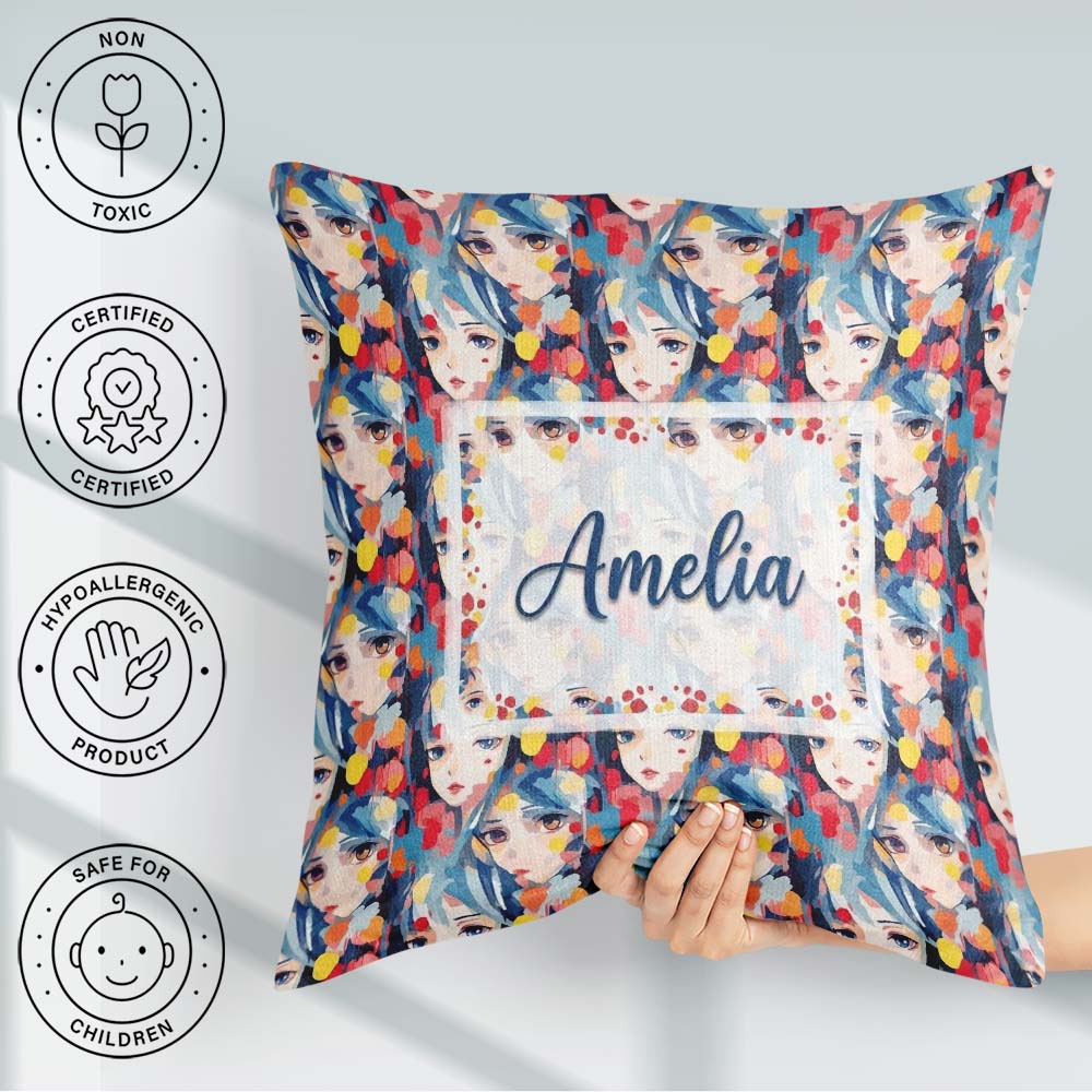 Custom Name Anime Girl Blue Hair Paint Splash Artistic Pattern Square Filled Cushion Throw Pillow Sofa Bed Home Decor Zip Washable UK Made