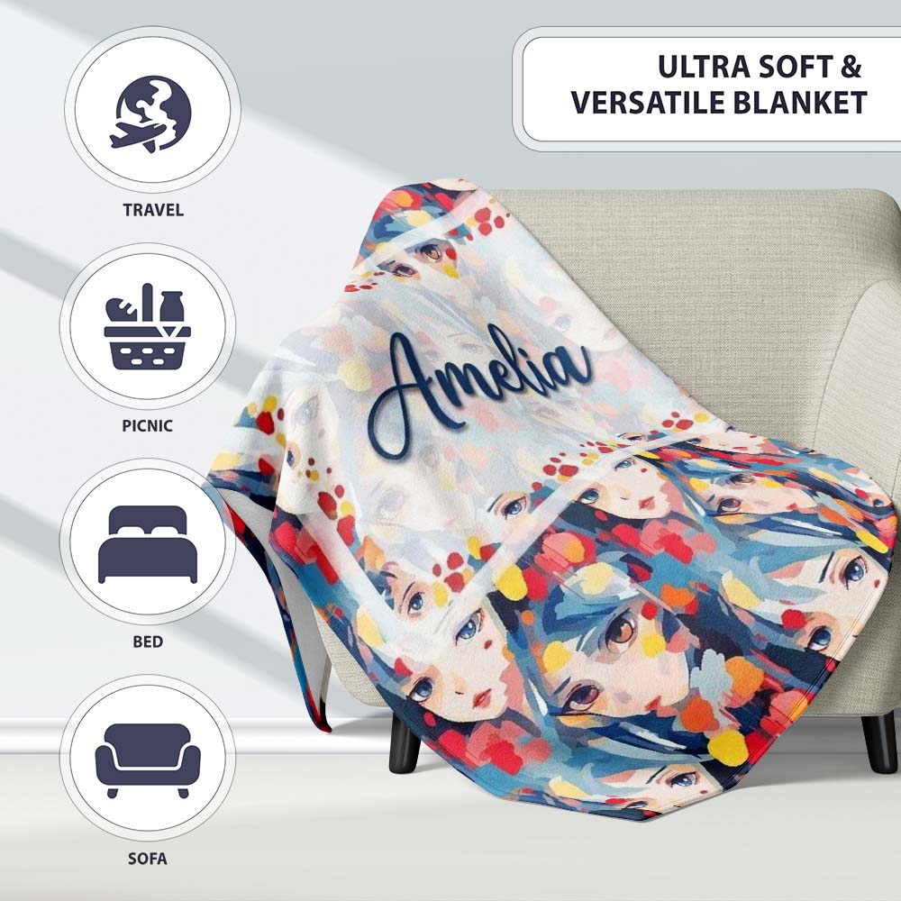 Anime Girl Blue Hair Paint Splash Artistic Pattern Cute Unique Gift Personalised Custom Name Super Soft Fleece Blanket Bed Sofa Throw