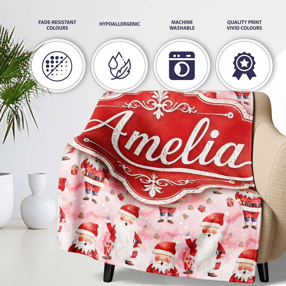 Cute Cartoon Santa Pink Snow Gift Pattern Whimsical Christmas Lovely Personalised Custom Name Super Soft Fleece Blanket Bed Sofa Throw