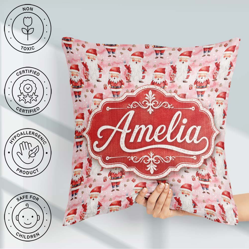Custom Name Cartoon Santa Pink Snow Pattern Whimsical Christmas Square Filled Cushion Throw Pillow Sofa Bed Home Decor Zip Washable UK Made