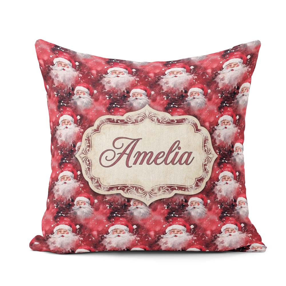 Custom Name Watercolor Santa Faces Splash Background Snow Effect Square Filled Cushion Throw Pillow Sofa Bed Home Decor Zip Washable UK Made