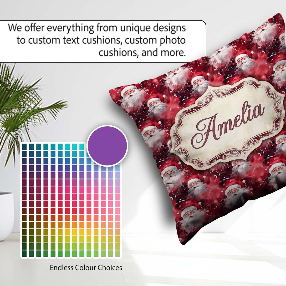 Custom Name Watercolor Santa Faces Splash Background Snow Effect Square Filled Cushion Throw Pillow Sofa Bed Home Decor Zip Washable UK Made