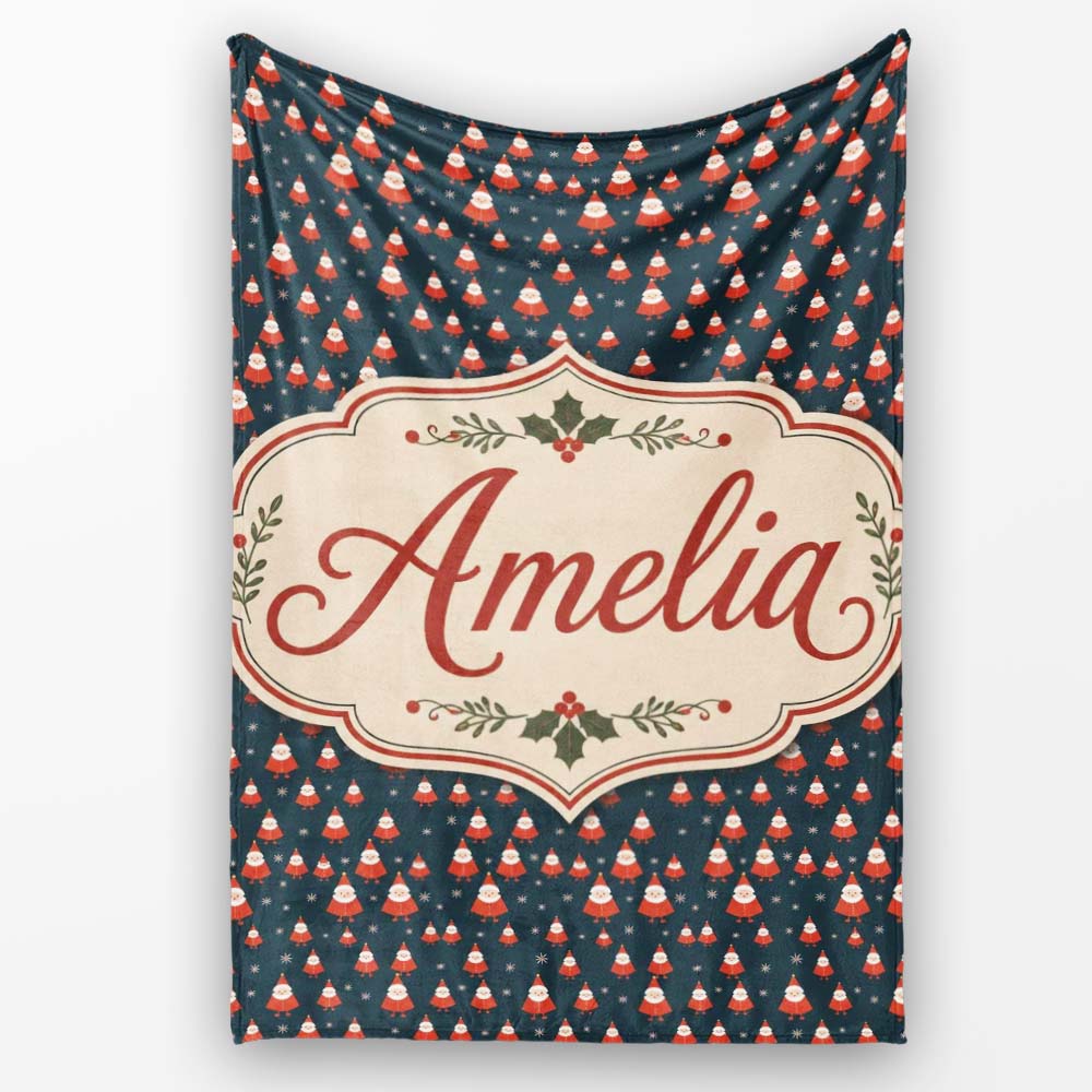 Tiny Santa Star Snow Dark Blue Christmas Cute Festive Repeat Lovely Personalised Custom Name Super Soft Fleece Blanket Bed Sofa Throw