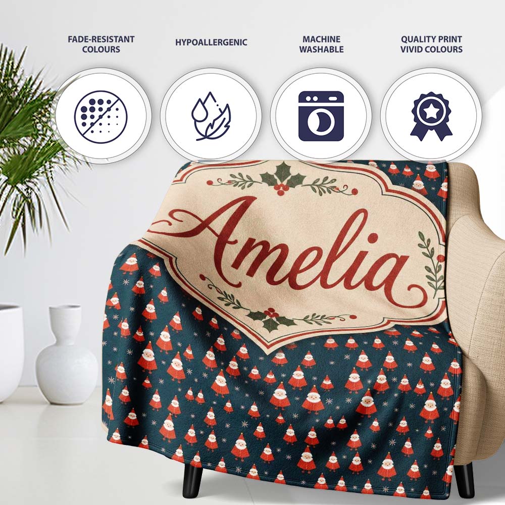 Tiny Santa Star Snow Dark Blue Christmas Cute Festive Repeat Lovely Personalised Custom Name Super Soft Fleece Blanket Bed Sofa Throw