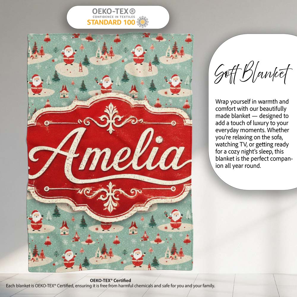 Santa Village Trees Houses Snowy Landscape Christmas Festive Scene Personalised Custom Name Super Soft Fleece Blanket Bed Sofa Throw