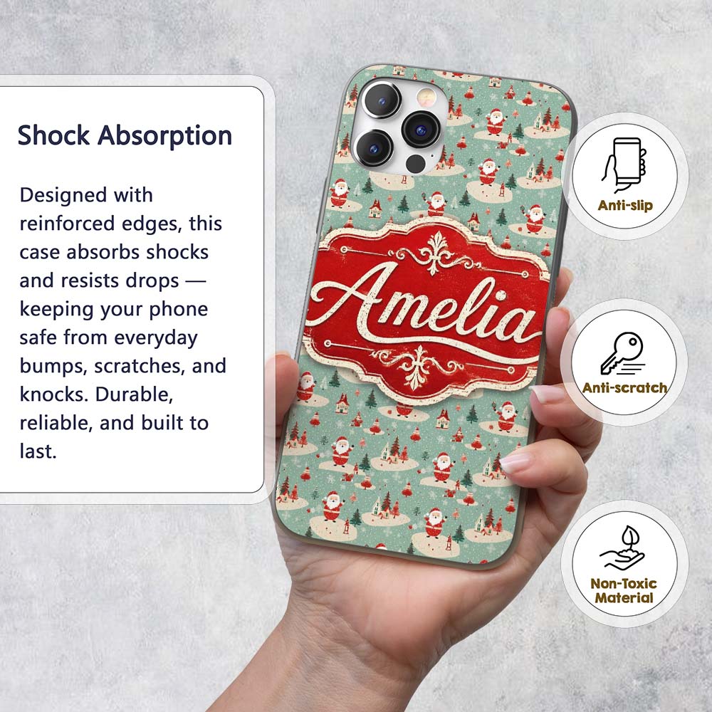 Santa Village Trees Houses Snowy Printed Design Custom Name Protective Phone Case Mobile Cover Durable Everyday Smartphone Shock Resistant