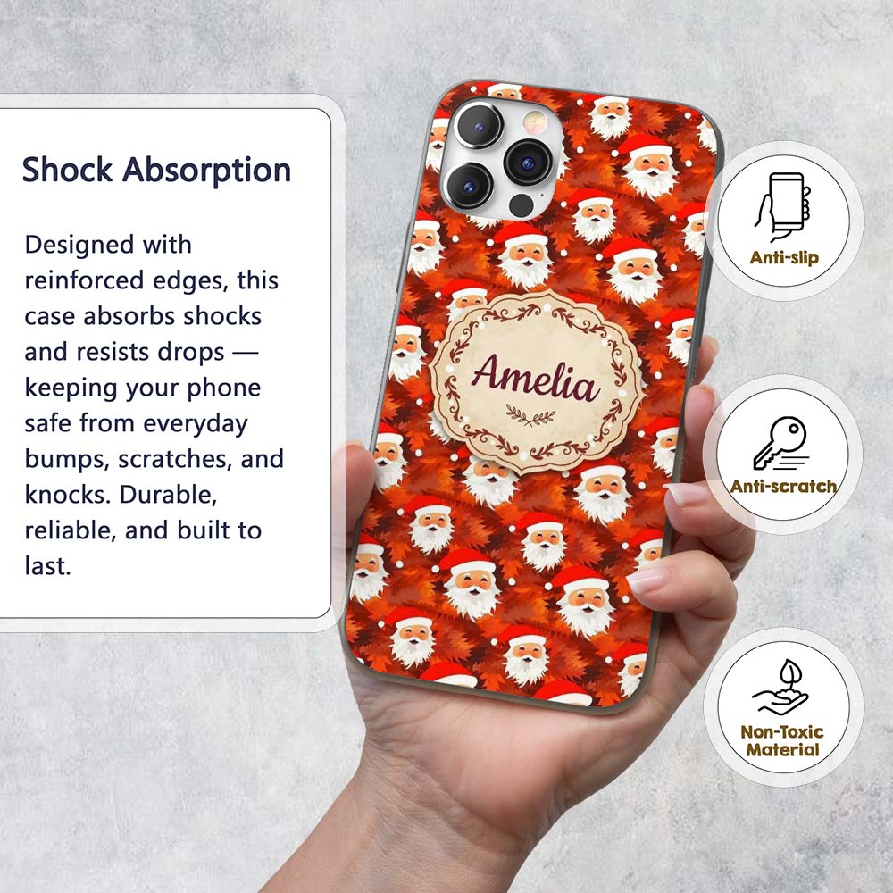 Cute Santa Faces Orange Leaf Autumn Christmas Custom Name Protective Phone Case Mobile Cover Durable Everyday Smartphone Shock Resistant