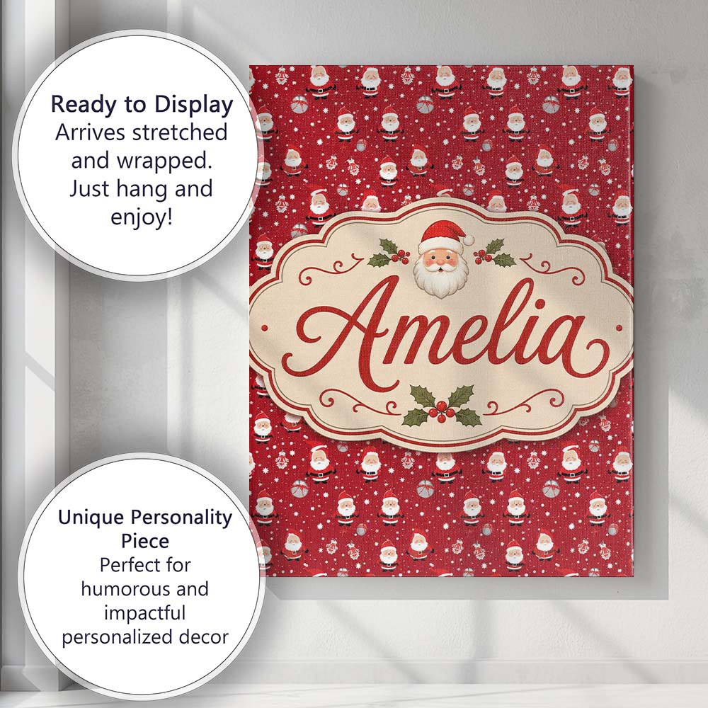 Personalised Name Classic Santa Snow Custom Premium Decorative Design Modern Room Accent Canvas Wall Art Print Decor Picture Ready to Hang