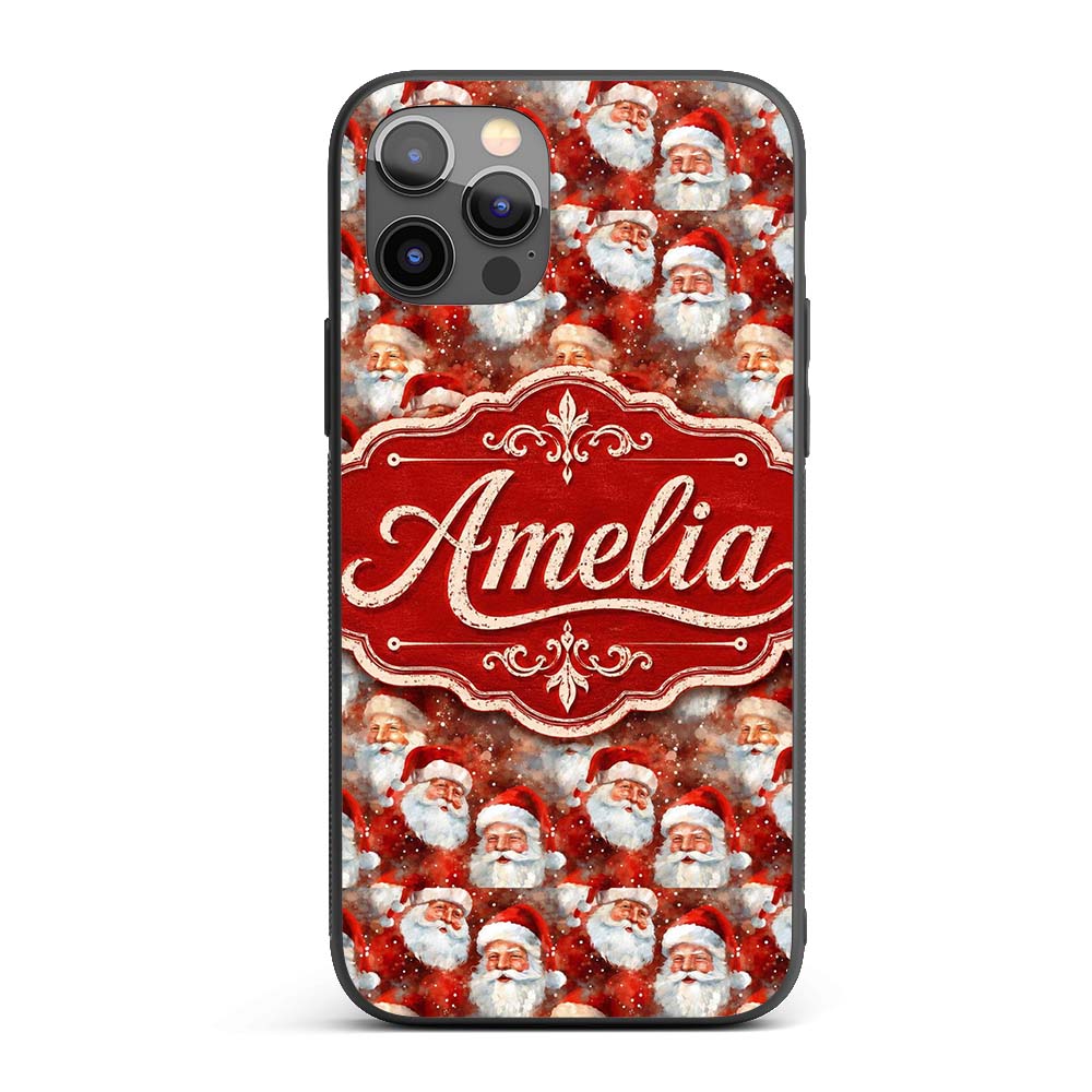 Vintage Style Santa Faces Snowy Red Background Custom Name Protective Phone Case Mobile Cover Durable Everyday Smartphone Shock Resistant