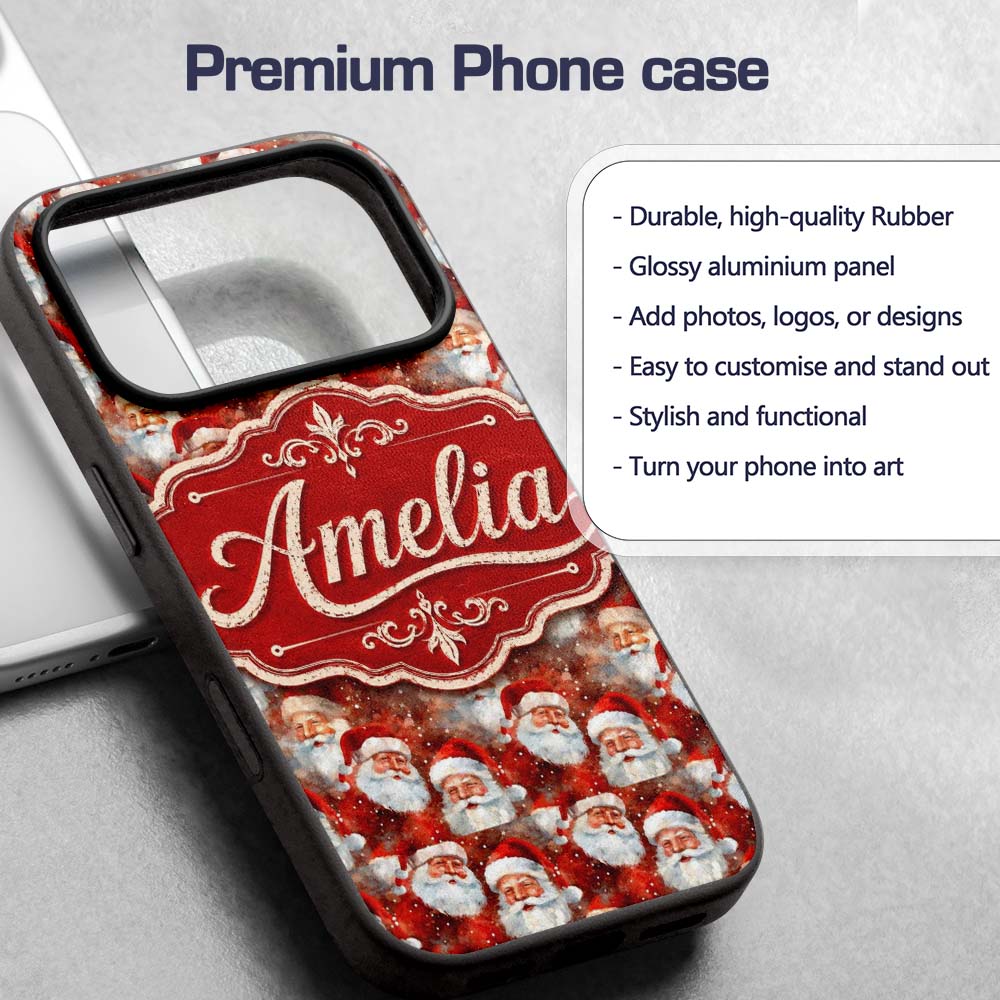 Vintage Style Santa Faces Snowy Red Background Custom Name Protective Phone Case Mobile Cover Durable Everyday Smartphone Shock Resistant