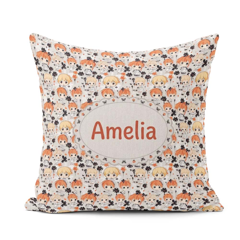 Custom Name Chibi Kids Floral Pattern Kawaii Character Design Square Filled Cushion Throw Pillow Sofa Bed Home Decor Zip Washable UK Made