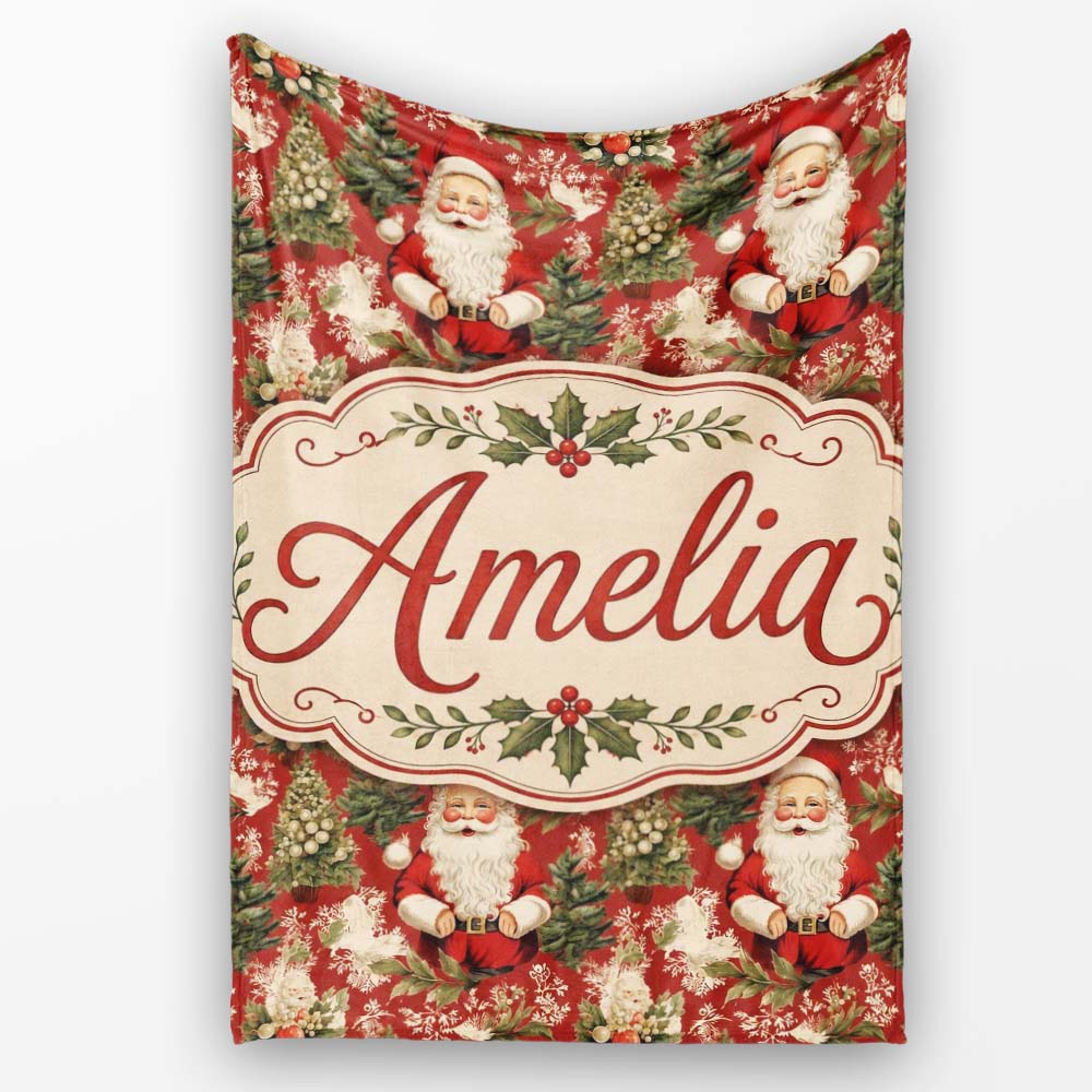 Traditional Santa Holly Tree Red Christmas Festive Vintage Style Personalised Custom Name Super Soft Fleece Blanket Bed Sofa Throw